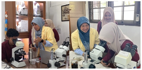 Dosen dan siswa MA Muhammadiyah Limpung mengamati objek mikroskop saat praktikum Pendidikan Biologi UMS di laboratorium.