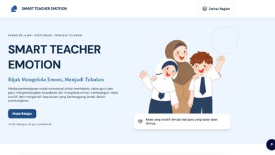 Tampilan antarmuka situs web Smart Teacher Emotion karya mahasiswa UMS dengan tag bertuliskan Bijak Mengelola Emosi Menjadi Teladan.