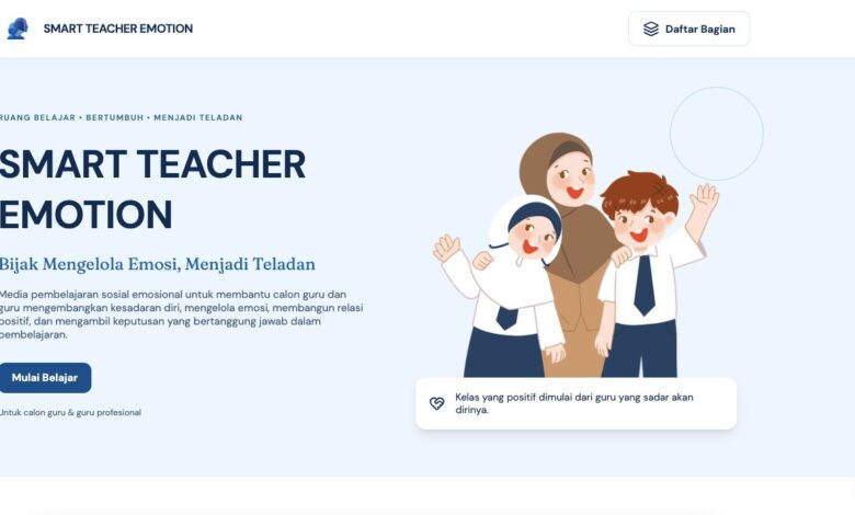 Tampilan antarmuka situs web Smart Teacher Emotion karya mahasiswa UMS dengan tag bertuliskan Bijak Mengelola Emosi Menjadi Teladan.