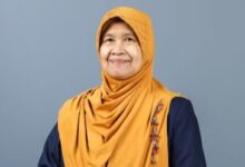 Kaprodi S3 Pendidikan Bahasa Indonesia UMS Prof Dr Markhamah MHum berhijab kuning dengan latar belakang abu-abu