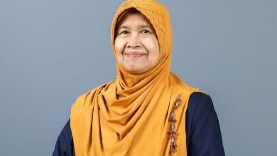 Kaprodi S3 Pendidikan Bahasa Indonesia UMS Prof Dr Markhamah MHum berhijab kuning dengan latar belakang abu-abu