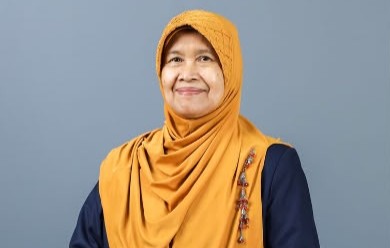 Kaprodi S3 Pendidikan Bahasa Indonesia UMS Prof Dr Markhamah MHum berhijab kuning dengan latar belakang abu-abu