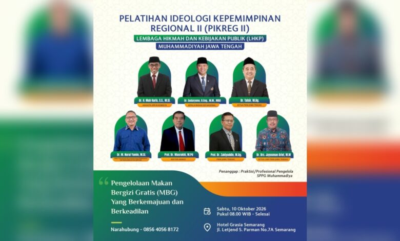 Poster Pelatihan Ideologi Kepemimpinan Regional II LHKP PWM Jawa Tengah bertema Pengelolaan Makan Bergizi Gratis.