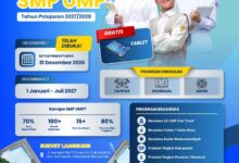 Brosur SPMB SMP UMP Tahun Pelajaran 2027/2028 yang memuat informasi pendaftaran, program gratis tablet, serta pilihan beasiswa prestasi.