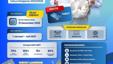 Brosur SPMB SMP UMP Tahun Pelajaran 2027/2028 yang memuat informasi pendaftaran, program gratis tablet, serta pilihan beasiswa prestasi.
