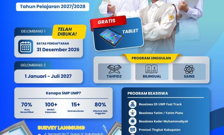 Brosur SPMB SMP UMP Tahun Pelajaran 2027/2028 yang memuat informasi pendaftaran, program gratis tablet, serta pilihan beasiswa prestasi.