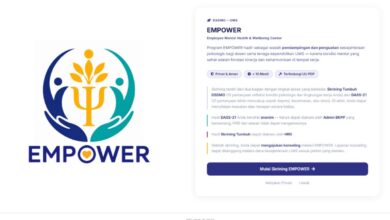 Logo EMPOWER DSDMO UMS beserta tampilan antarmuka sistem skrining kesehatan mental dosen dan tendik.