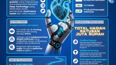 Poster resmi Health Innovation Hackathon 2026 UMS memuat informasi pendaftaran, kriteria peserta, total hadiah ratusan juta rupiah, dan timeline pelaksanaan.