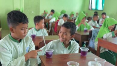 Siswa MIM Tawangsari Boyolali mempraktikkan cara membuat minuman bunga telang saat kegiatan pengabdian UMS.