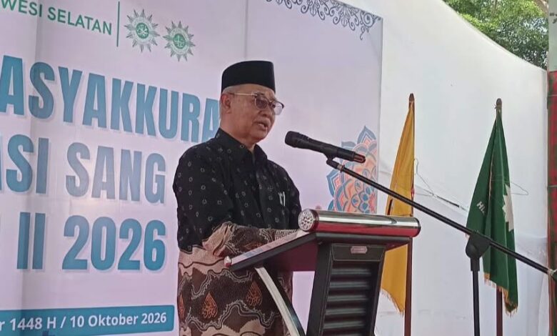 Prof Dr H Ambo Asse M Ag memberikan sambutan dalam acara apresiasi kontingen Sulawesi Selatan pada Kemah Santri Muhammadiyah Nasional II.