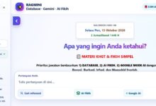 Tampilan antarmuka website RAGMINI platform AI Fikih Muhammadiyah untuk pencarian materi KHGT dan rujukan fikih.
