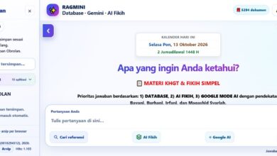 Tampilan antarmuka website RAGMINI platform AI Fikih Muhammadiyah untuk pencarian materi KHGT dan rujukan fikih.