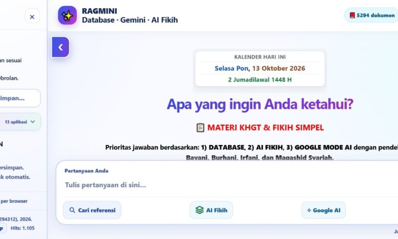 Tampilan antarmuka website RAGMINI platform AI Fikih Muhammadiyah untuk pencarian materi KHGT dan rujukan fikih.