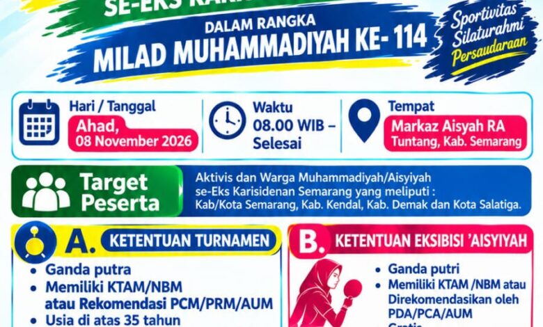 Poster Turnamen Tenis Meja Pingpongmu dan Eksebisi Aisyiyah menyambut Milad Muhammadiyah ke-114 di Kab. Semarang.