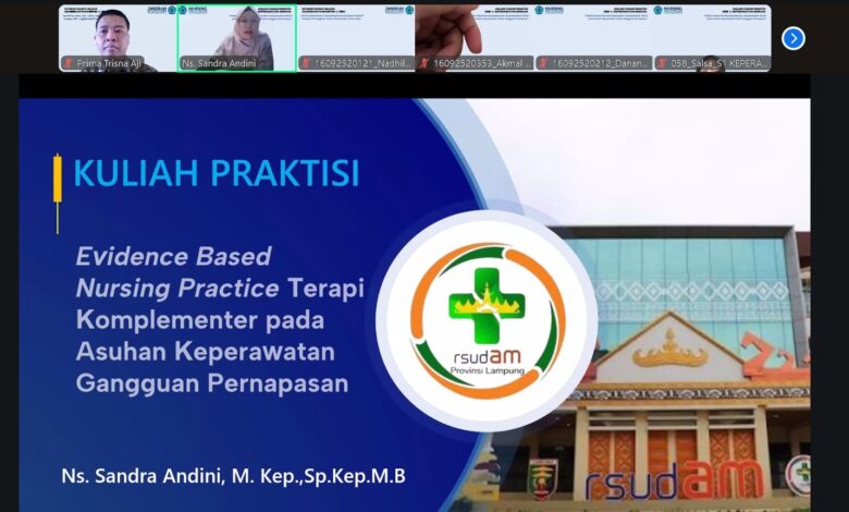 Tampilan presentasi Zoom kuliah praktisi UNIMUS oleh Ns. Sandra Andini tentang Evidence Based Nursing Practice terapi komplementer gangguan pernapasan.
