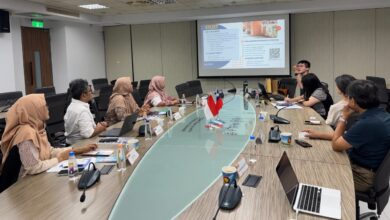 Delegasi FEB UMS berdiskusi dalam rapat kerja sama internasional di ruang pertemuan STUST Taiwan dengan latar layar presentasi.