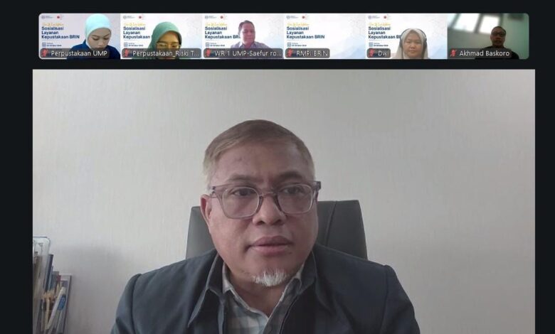 Webinar sosialisasi layanan kepustakaan BRIN yang diikuti oleh sivitas akademika UMP secara daring melalui Zoom Meeting.