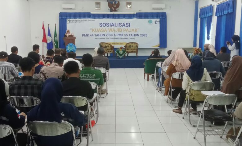 Peserta mengikuti Sosialisasi Kuasa Wajib Pajak PMK 44 dan PMK 55 Tahun 2026 di Aula STIE Muhammadiyah Cilacap.