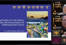 Dosen UMS Dr. Andika Sanjaya memaparkan materi komunikasi pariwisata global dalam seminar internasional VLCPIS 2026 UTM via Zoom.
