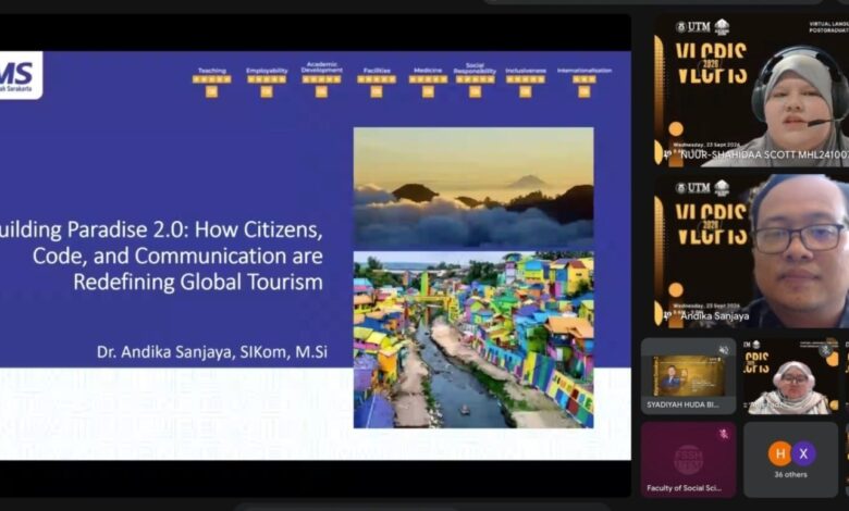 Dosen UMS Dr. Andika Sanjaya memaparkan materi komunikasi pariwisata global dalam seminar internasional VLCPIS 2026 UTM via Zoom.