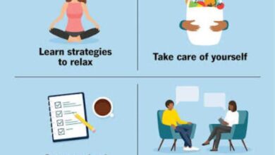 Ilustrasi empat cara mengatasi mental breakdown, yaitu relaksasi, menjaga kesehatan diri, mengatur aktivitas dan istirahat, serta konseling psikologis.