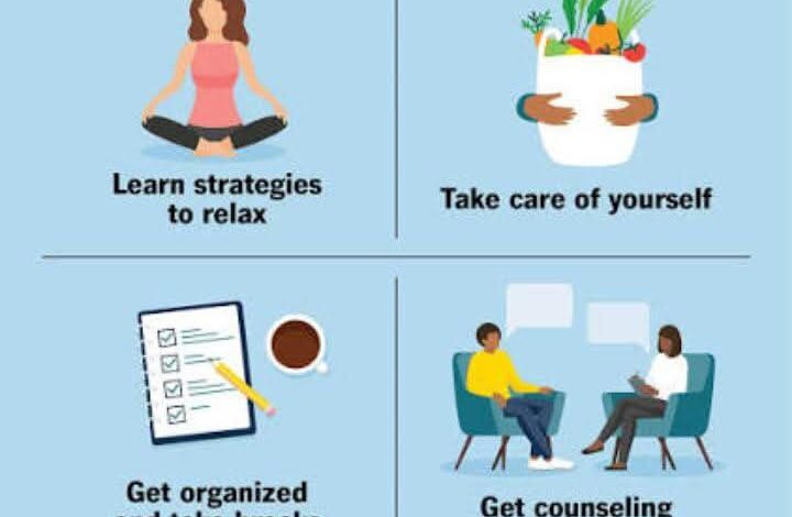 Ilustrasi empat cara mengatasi mental breakdown, yaitu relaksasi, menjaga kesehatan diri, mengatur aktivitas dan istirahat, serta konseling psikologis.
