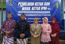 Suasana pemilihan ketua IPM SMP Muhammadiyah 2 Kroya memperlihatkan para kandidat dan guru mengenakan pakaian adat Jawa.